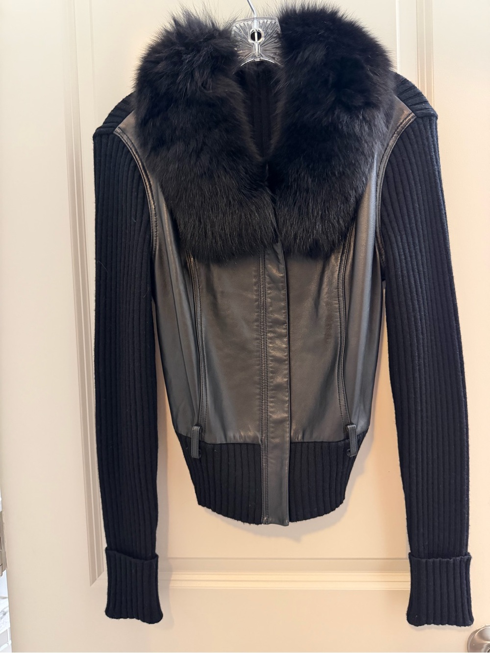 Women’s Black Leather & Knit Jacket with Fur Collar